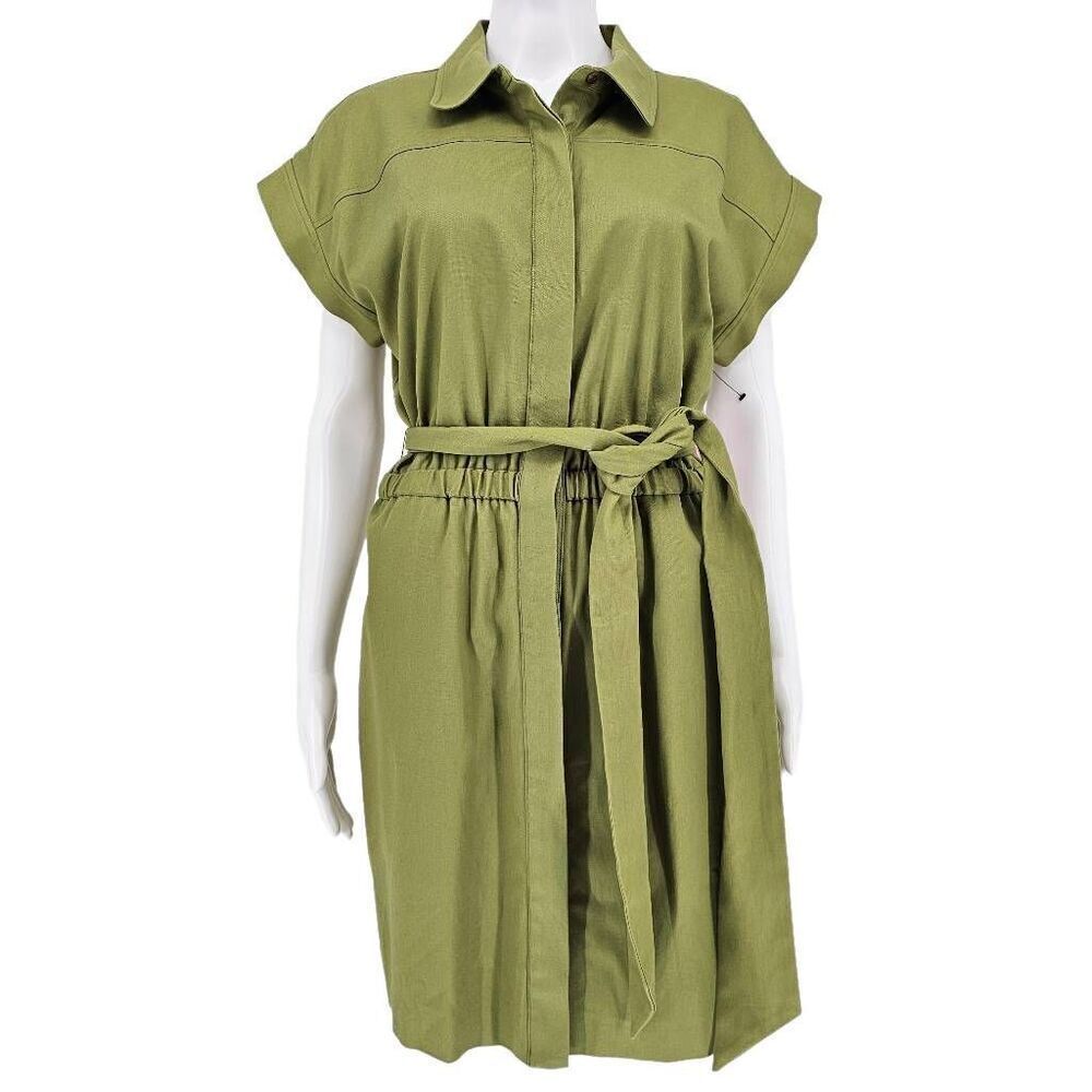 LDT Dax Tie Waist Button Down Mini Dress Green 8 New